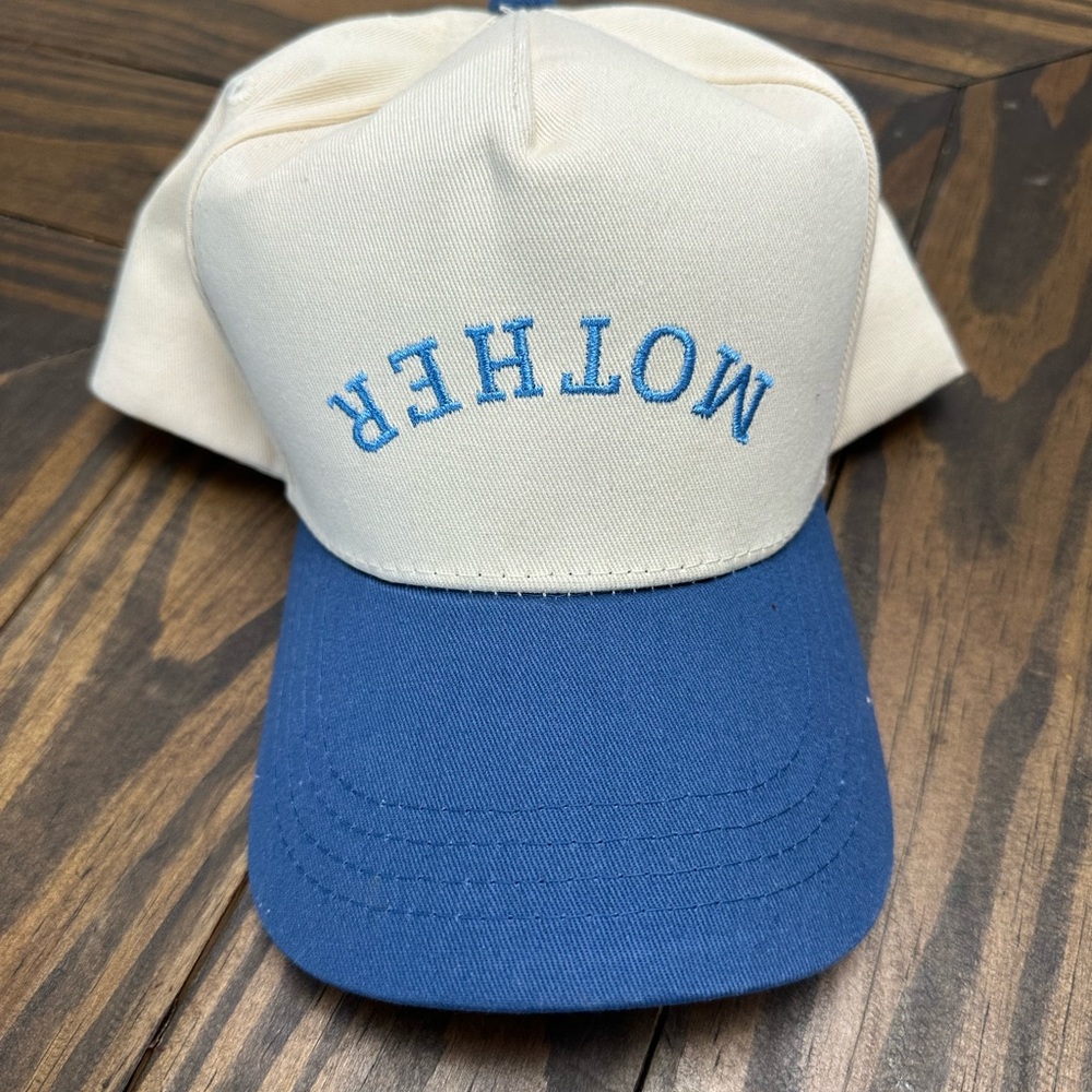 Blue and Cream Cap with Embroidered Text